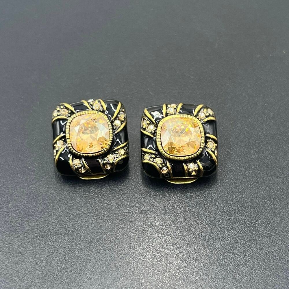 Heidi Daus Vintage Black Enamel Sparkling Yellow Crystal Center Clip On Earrings